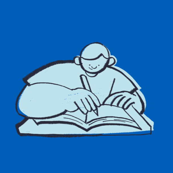 A graphic of a young person studying