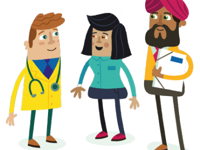 Cartoon image of three health professionals
