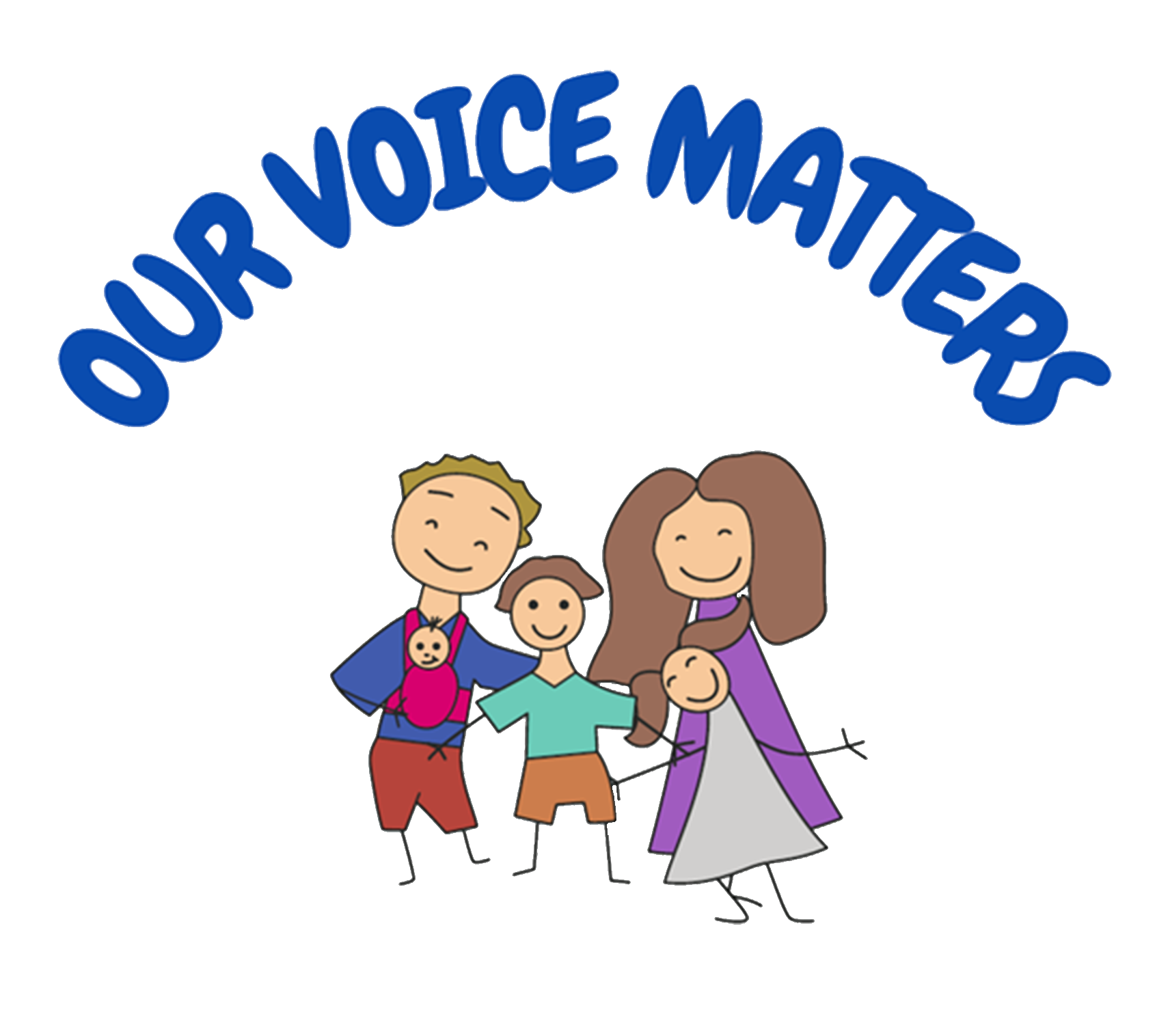 A logo featuring a cartoon family of two adults two children and a baby. The text says,