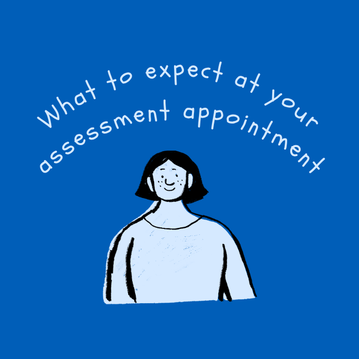 A graphic of a cartoon young person smiling. The text above them says, "What to expect at your assessment appointment.
