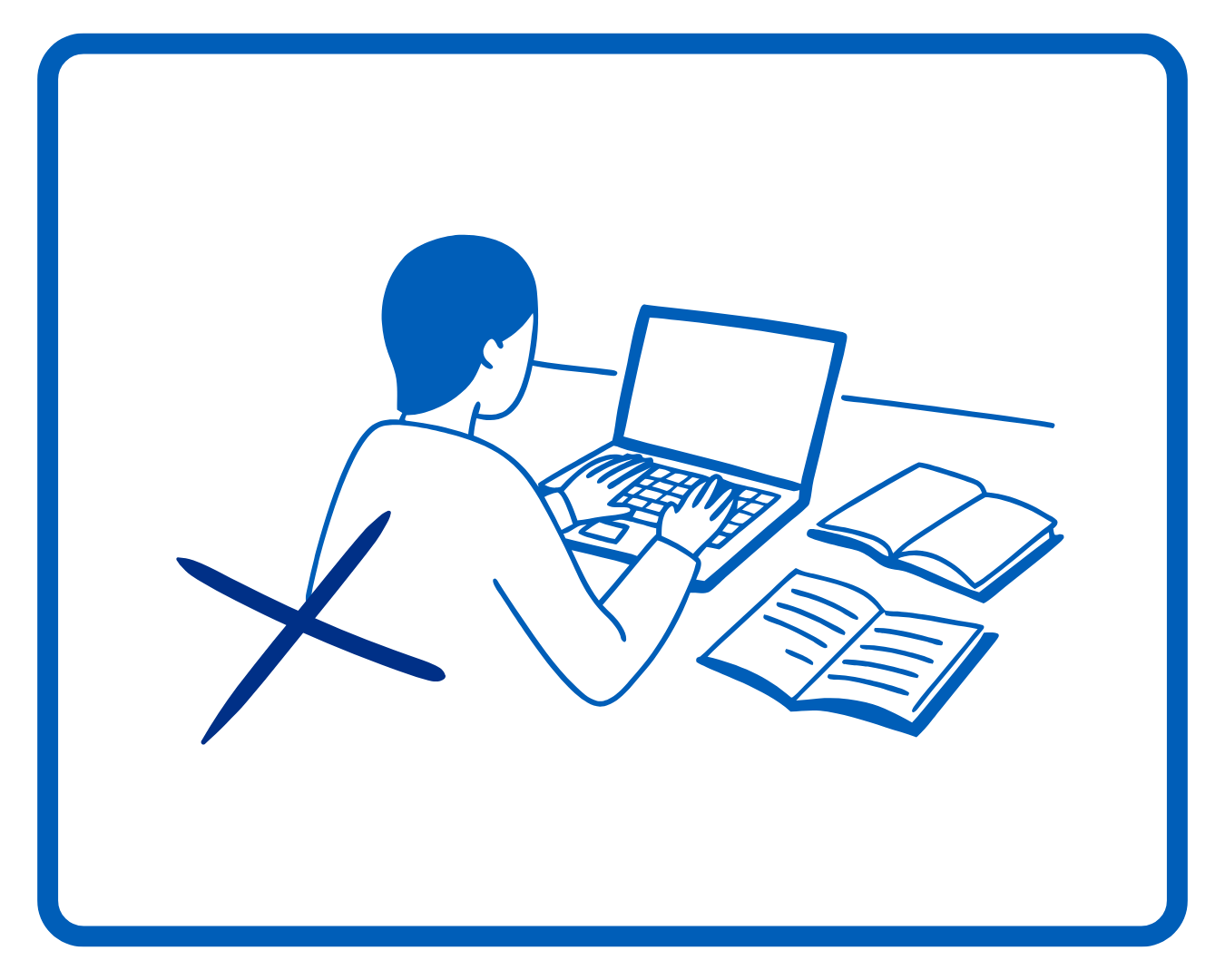 Someone studying on a computer. The image has an X next to it.